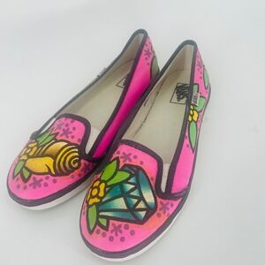 Vans Slip On Loafers Pink Custom Hand Painted Tattoo Art Diamond Floral size 6.5